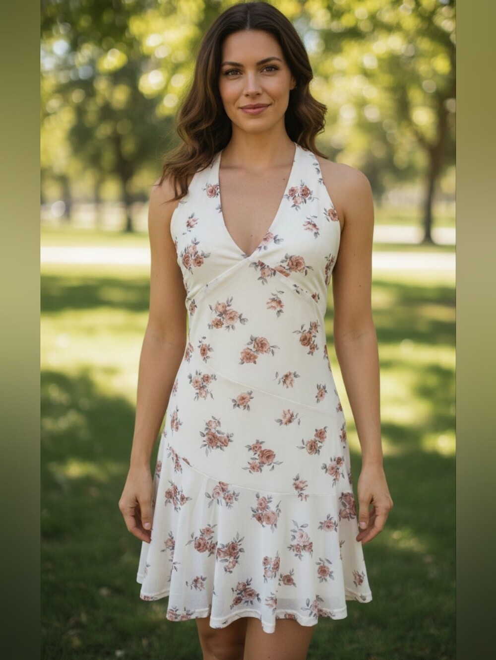 Passport cream floral halter-neck mini dress - L